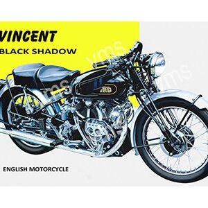 Vintage Vincent Black Shadow motorcycle in black and yellow.