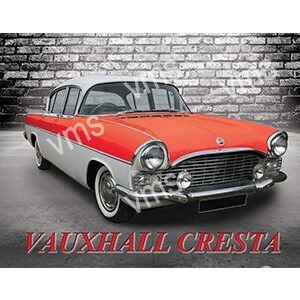 Classic red and white Vauxhall Cresta parked against a brick wall.