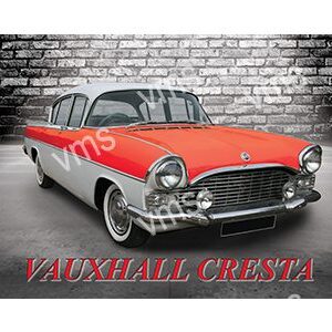 Classic red and white Vauxhall Cresta parked near a brick wall.