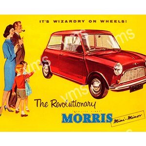 Vintage ad for Morris Mini showcasing a family and the tagline 'It's Wizardry on Wheels!'