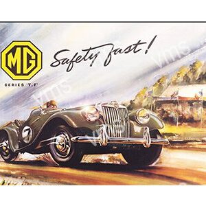 Vintage MG car speeding with 'Safety fast!' slogan in classic style.