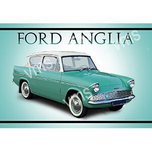 A classic turquoise Ford Anglia car from the mid-20th century.