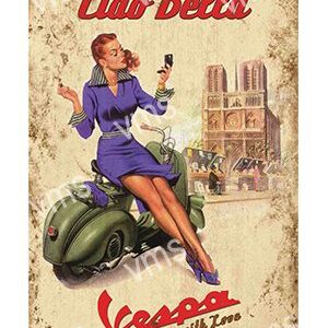 Vintage Vespa ad featuring a stylish woman with a cocktail.