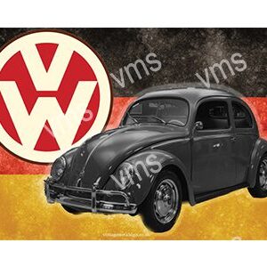 A classic black Volkswagen Beetle with a vintage VW logo background.