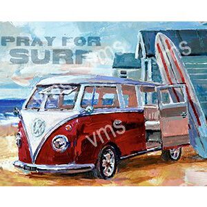 Vintage red and white surf van on a beach with surfboards and a 'Pray for Surf' sign.