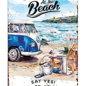 Vintage beach scene with a classic blue van and ocean view.