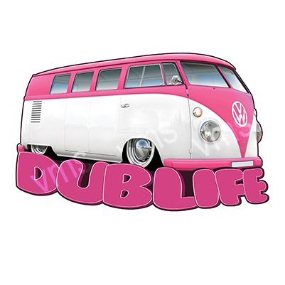 A pink and white Volkswagen van with "DUB LIFE" text.
