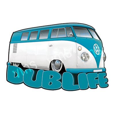 Retro Volkswagen van with 'DUB LIFE' text in blue.