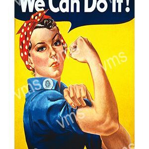 Iconic WWII poster of Rosie the Riveter flexing her arm with 'We Can Do It!' message.