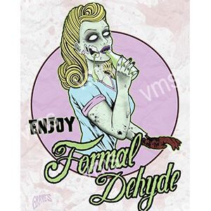 Illustration of a zombie waitress with the phrase 'Enjoy Formal Dehyde.'