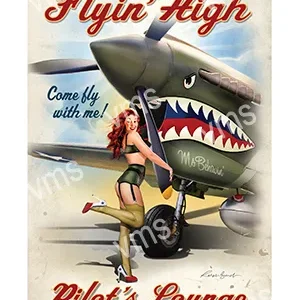 Pin-up girl posing with vintage military aircraft nose art.