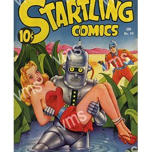 A robot rescues a woman on the cover of Startling Comics.
